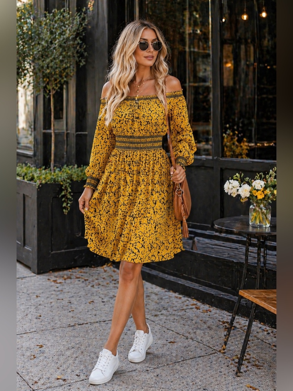 MICHAEL Michael Kors Mustard Floral Off-Shoulder Long Sleeve Dress